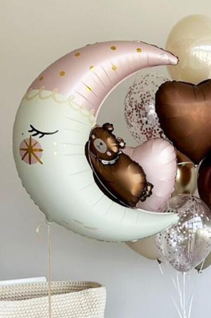 Ayıcıklı Ay Balon Sevimli Ayı Ay Dede Folyo Balon Doğum Baby Shower Balonu 80cm - 4