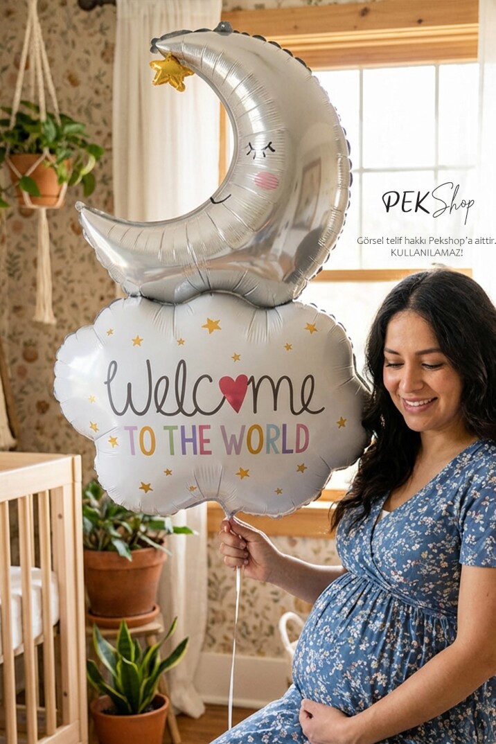 Aylı Bulut Balon Welcome To The World Yazılı Doğum Baby Shower Balonu 9634 - 3