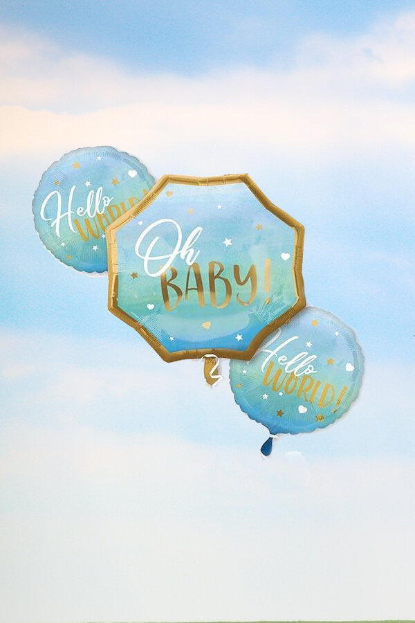 Baby Shower Erkek Bebek Parti Balonu Oh Baby Hello World Yazılı Mavi Folyo Balon Seti - 1