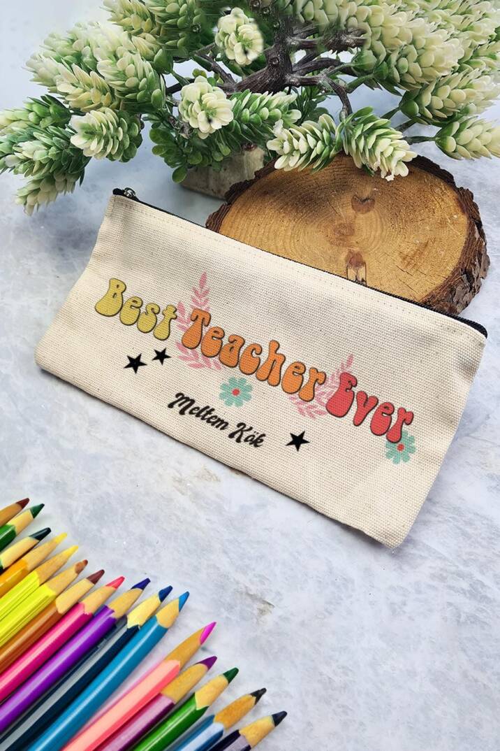 Best Teacher Ever İsme Özel Öğretmenler Günü Hediyesi Kalemlik Çanta - 1