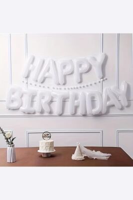 Beyaz Renk Happy Birthday Folyo Balon Seti Doğum Günü Balon Süsleme Seti - 1