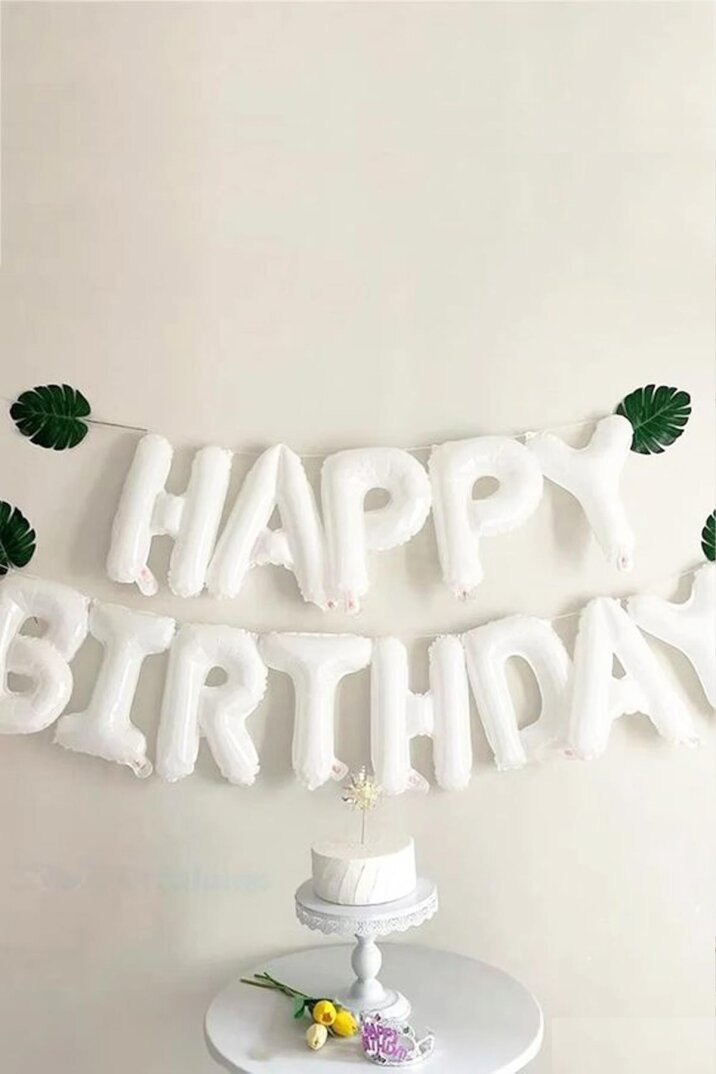 Beyaz Renk Happy Birthday Folyo Balon Seti Doğum Günü Balon Süsleme Seti - 2