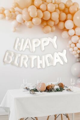 Beyaz Renk Happy Birthday Folyo Balon Seti Doğum Günü Balon Süsleme Seti - 5