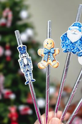 Bleu Blanch Temalı Kurşun Asker Noel Baba Kardan Adam Süslü Pipetler 10lu Pipet Paketi - 2
