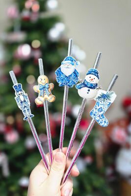 Bleu Blanch Temalı Kurşun Asker Noel Baba Kardan Adam Süslü Pipetler 10lu Pipet Paketi - 3