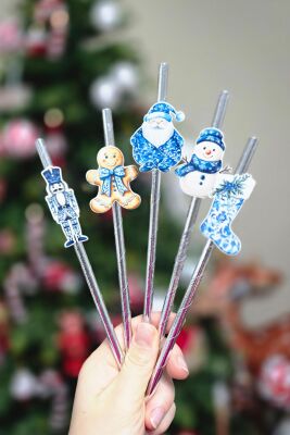 Bleu Blanch Temalı Kurşun Asker Noel Baba Kardan Adam Süslü Pipetler 10lu Pipet Paketi