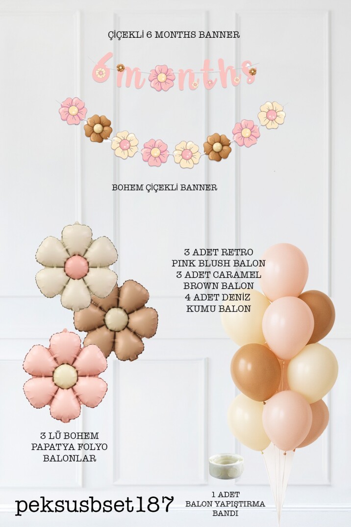 Bohem Papatya Tema 6 Aylık Balon Süsleme Seti 6 Months Duvar Süsleme Seti - 2