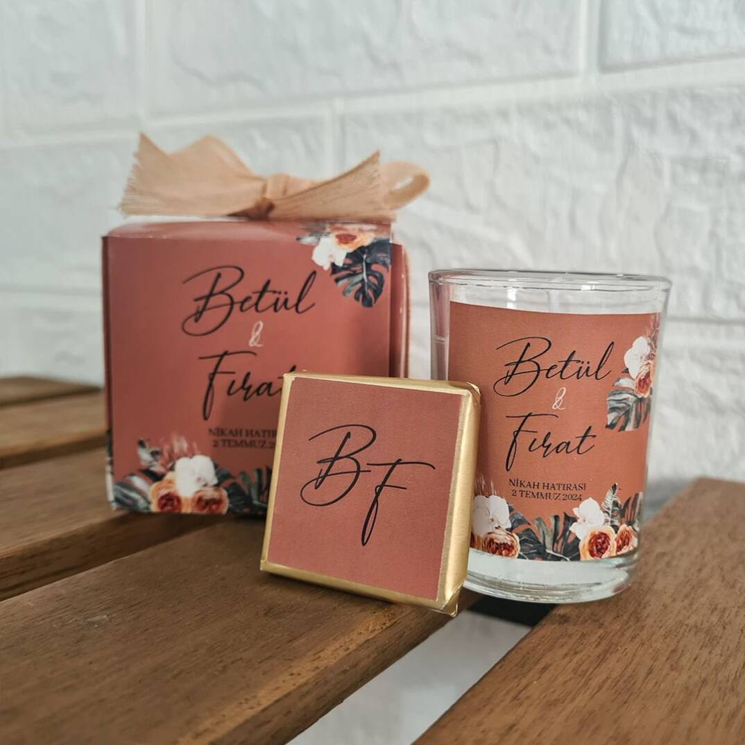 Bohem TerraCotta Konsept Kurdele Süslemeli Mum Çikolata Kutu Hediyelik Set - 1