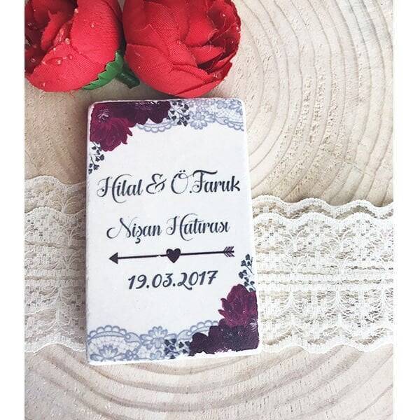 Bordo Konsept Baskılı Doğal Taş Magnet Nikah Şekeri - 1