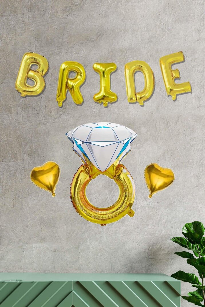 Bride Gold Folyo Balon Paketi - Tek Taşlkı Kalp Balonlu Bride Set - 1