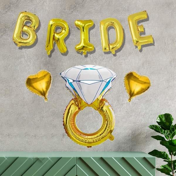Bride Gold Folyo Balon Paketi - Tek Taşlkı Kalp Balonlu Bride Set - 2