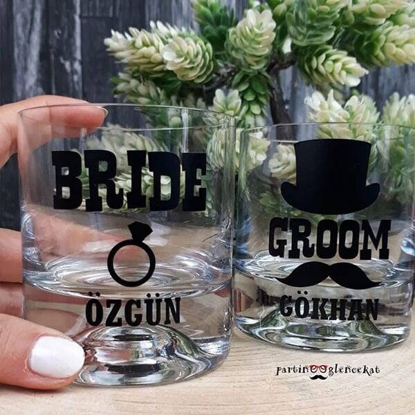 Bride - Groom Kişiye Özel Viski Bardağı 2'li - 1
