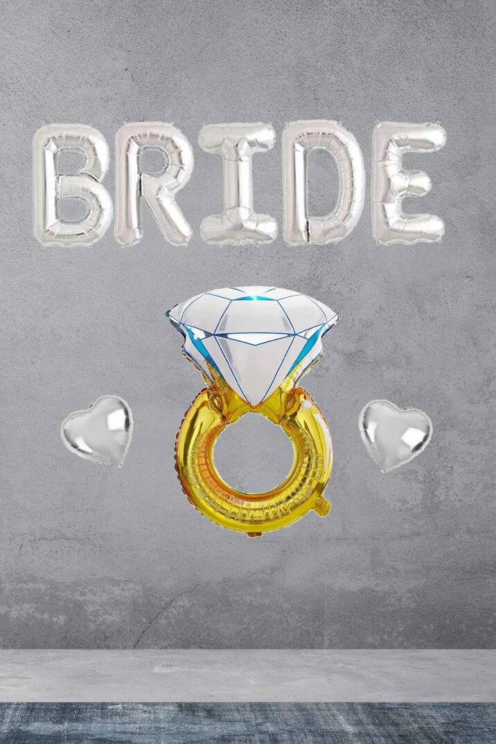 Bride Gümüş Folyo Balon Paketi - Tek Taşlı Kalp Balonlu Bride Set - 1