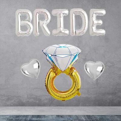 Bride Gümüş Folyo Balon Paketi - Tek Taşlı Kalp Balonlu Bride Set - 2
