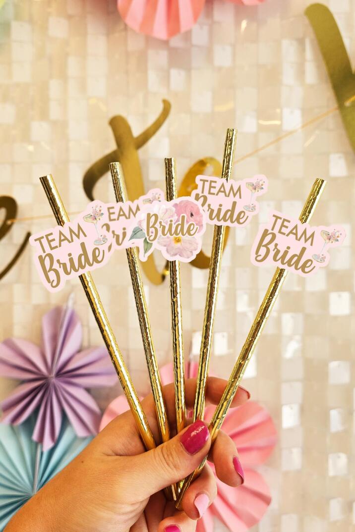 Bride Pipet Seti Çiçekli Gold Konsept Bekarlığa Veda Bride Party Süslü Pipet Takımı 5 li - 1