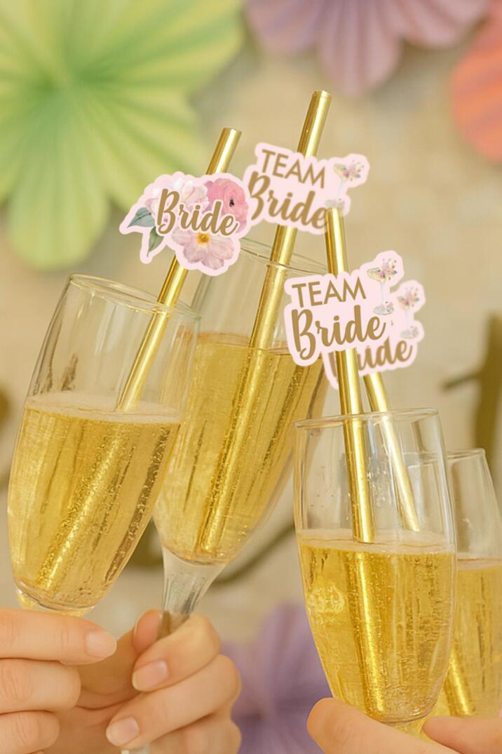 Bride Pipet Seti Çiçekli Gold Konsept Bekarlığa Veda Bride Party Süslü Pipet Takımı 5 li - 2