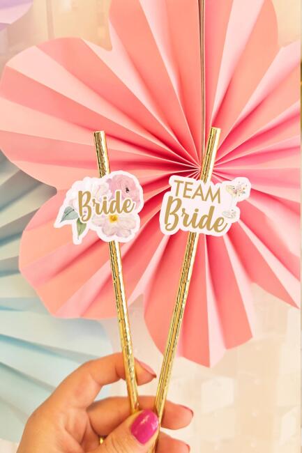Bride Pipet Seti Çiçekli Gold Konsept Bekarlığa Veda Bride Party Süslü Pipet Takımı 5 li - 3