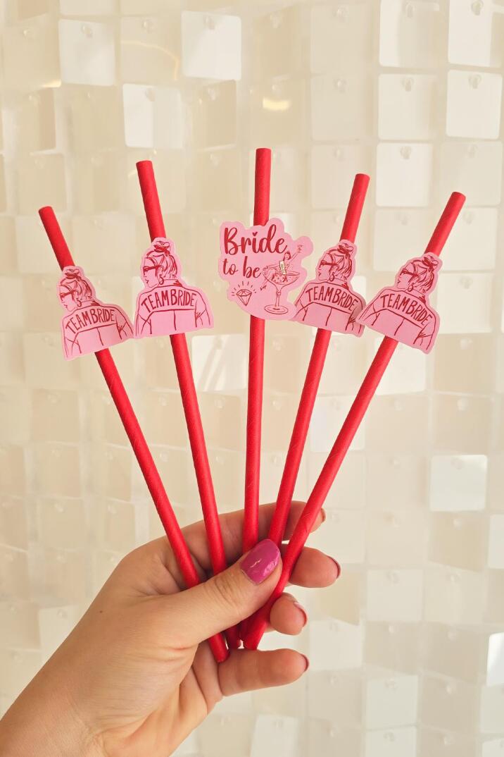 Bride Pipet Seti Kırmızı Kız Konsept Bekarlığa Veda Bride Party Süslü Pipet Takımı 5 li - 2
