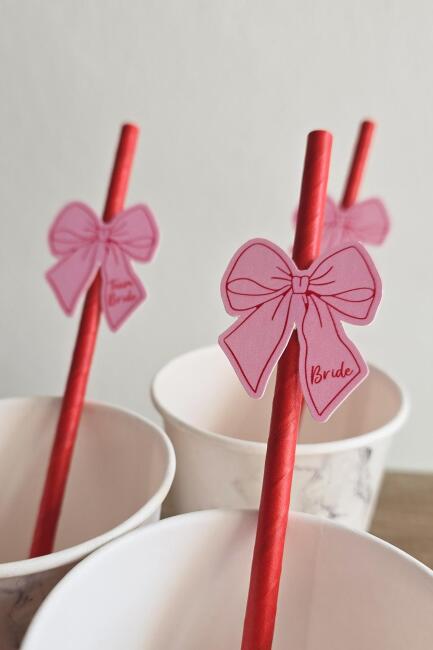 Bride Pipet Seti Pembe Kırmızı Fiyonk Konsept Bekarlığa Veda Bride Party Süslü Pipet Takımı 5 li - 2