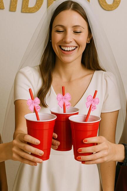 Bride Pipet Seti Pembe Kırmızı Fiyonk Konsept Bekarlığa Veda Bride Party Süslü Pipet Takımı 5 li - 4