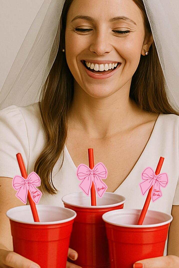 Bride Pipet Seti Pembe Kırmızı Fiyonk Konsept Bekarlığa Veda Bride Party Süslü Pipet Takımı 5 li - 5