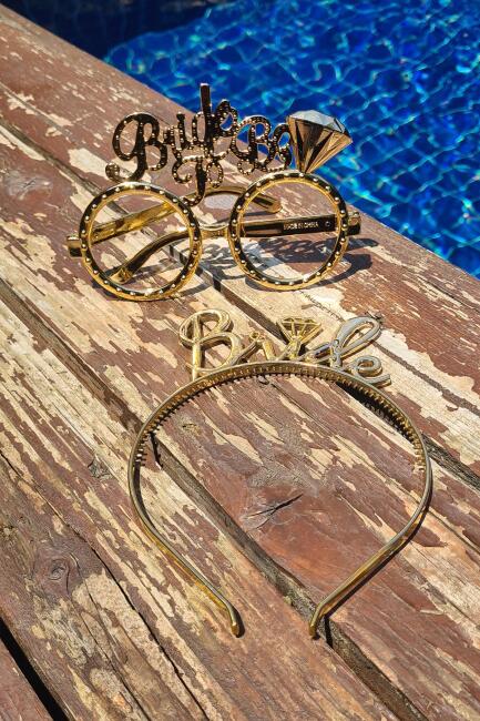 Bride Taç ve Gözlük Seti Bride To Be Taç Gözlük Plastik Set GOLD - 3