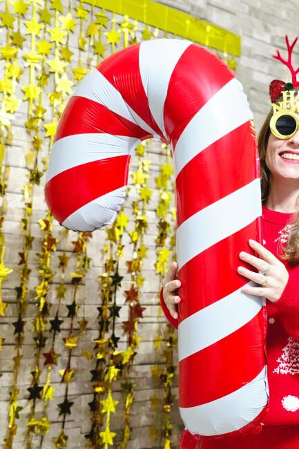 Büyük Kırmızı Beyaz Baston Şeker Folyo Balon Yılbaşı Süslemesi Büyük Baston Şeker Balon 90cm - 2