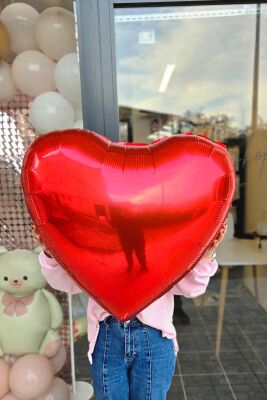 Büyük Kırmızı Kalp Balon 80 cm 32 inç Parlak Kırmızı Kalp Folyo Balon - 3