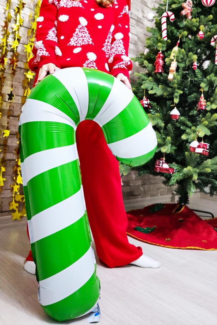 Büyük Yeşil Beyaz Baston Şeker Folyo Balon Yılbaşı Süslemesi Büyük Baston Şeker Balon 90cm - 1