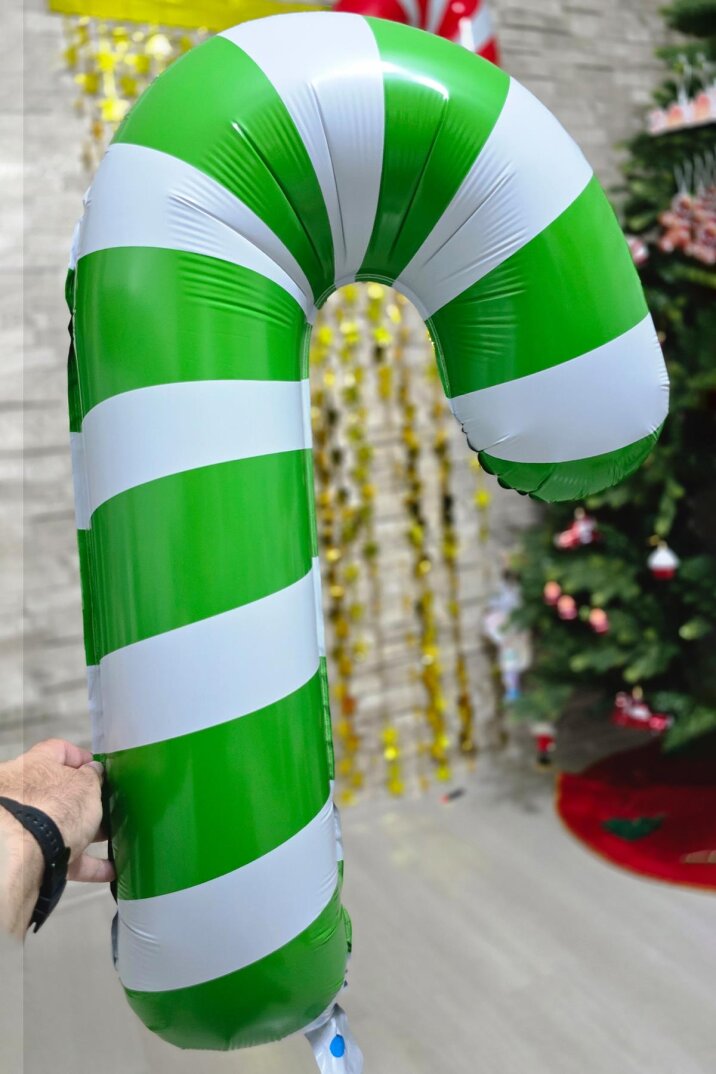 Büyük Yeşil Beyaz Baston Şeker Folyo Balon Yılbaşı Süslemesi Büyük Baston Şeker Balon 90cm - 3