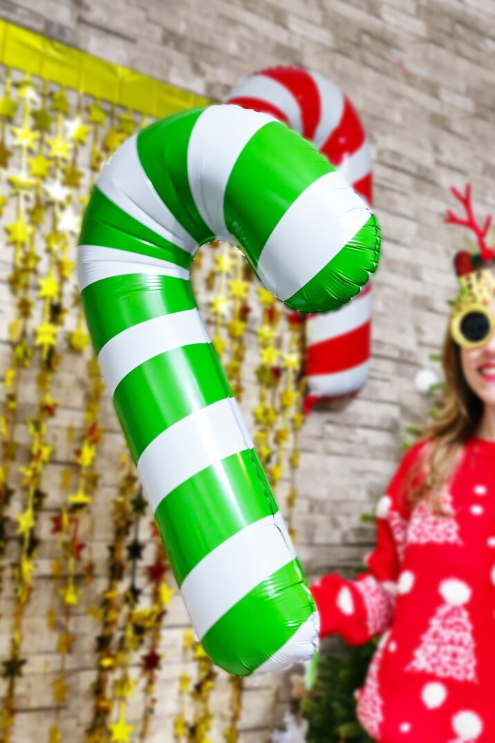 Büyük Yeşil Beyaz Baston Şeker Folyo Balon Yılbaşı Süslemesi Büyük Baston Şeker Balon 90cm - 4