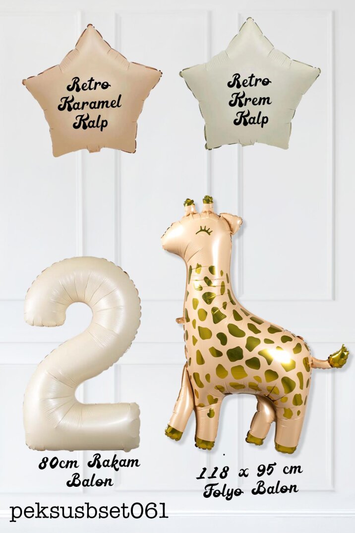 Büyük Zürafa Balon Retro Krem Karamel Doğum Günü Yaş Balon Seti Retro Konsept - 4