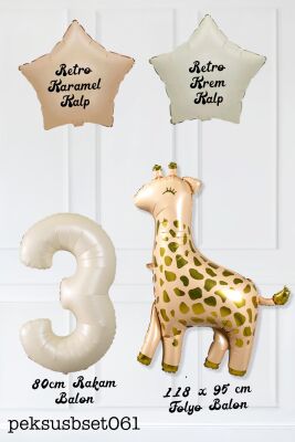 Büyük Zürafa Balon Retro Krem Karamel Doğum Günü Yaş Balon Seti Retro Konsept - 6