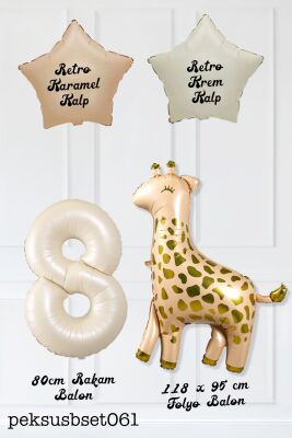 Büyük Zürafa Balon Retro Krem Karamel Doğum Günü Yaş Balon Seti Retro Konsept - 16