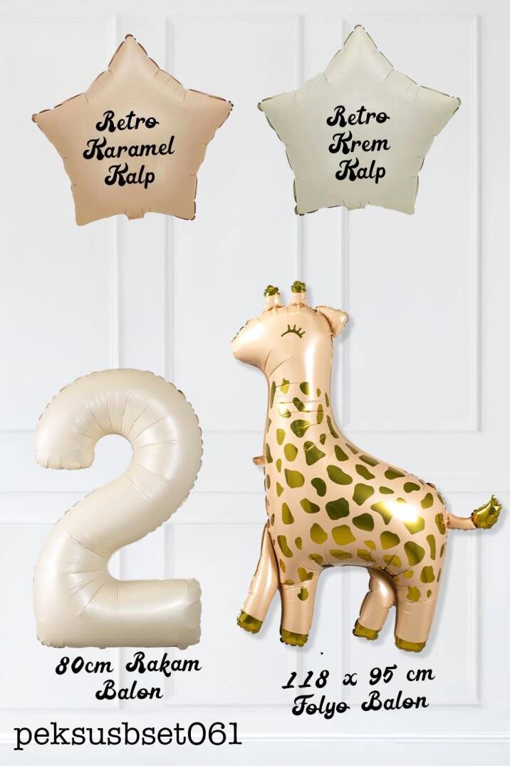 Büyük Zürafa Balon Retro Krem Karamel Doğum Günü Yaş Balon Seti Retro Konsept - 4