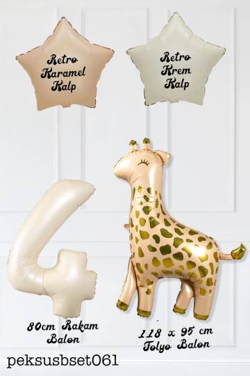 Büyük Zürafa Balon Retro Krem Karamel Doğum Günü Yaş Balon Seti Retro Konsept - 8