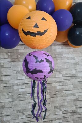 Cadılar Bayramı Fener Süsleri Tavan Süsü İkili Halloween Kağıt Fener Süsler Balkabağı Yarasa - 2