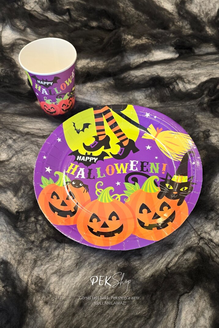 Cadılar Bayramı Karton Tabak Bardak Seti 8 li Paket Halloween Tabak Bardak - 1