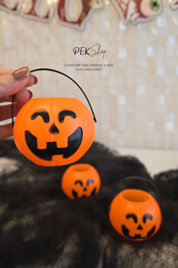 Cadılar Bayramı Mini Şeker Kovası 3lü Paket Kulplu Kabak Kova Minik - 3