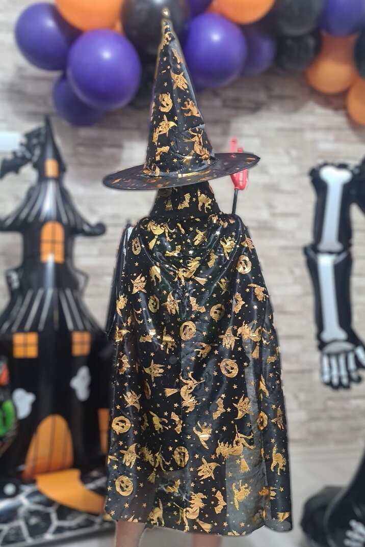 Cadılar Bayramı Pelerin Lüks Siyah Üzeri Gold Baskılı Halloween Pelerin - 2