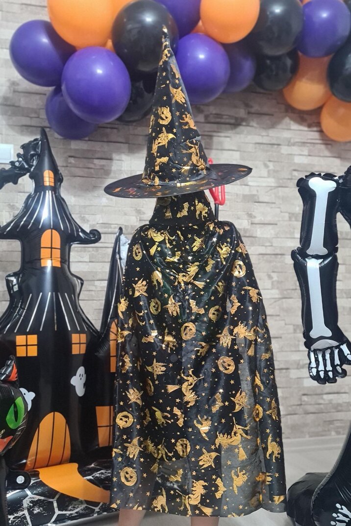 Cadılar Bayramı Pelerin Şapka Takımı Lüks Siyah Üzeri GOLD Baskılı Halloween Pelerin Çocuk Kostüm - 3