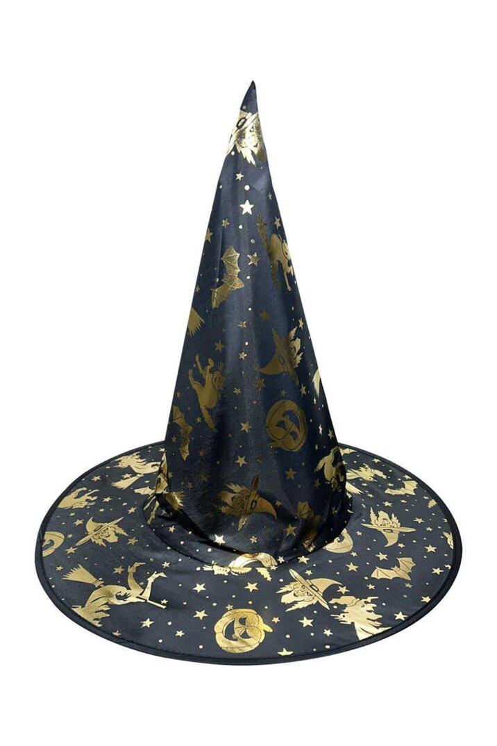 Cadılar Bayramı Pelerin Şapka Takımı Lüks Siyah Üzeri GOLD Baskılı Halloween Pelerin Çocuk Kostüm - 5