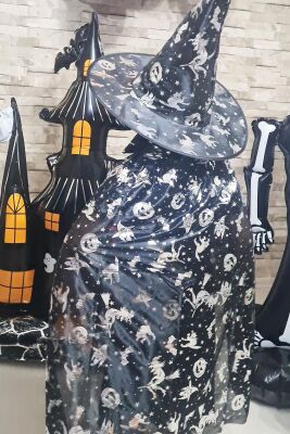Cadılar Bayramı Pelerin Şapka Takımı Lüks Siyah Üzeri GÜMÜŞ Baskılı Halloween Pelerin Çocuk Kostüm - 2