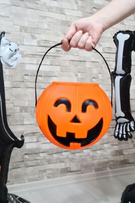 Cadılar Bayramı Şeker Kovası Büyük Boy Turuncu Kabak 18cm Halloween Şeker Kovası - 1