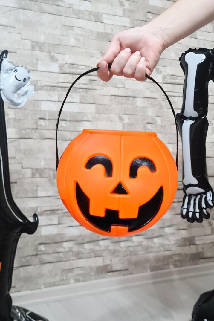 Cadılar Bayramı Şeker Kovası Büyük Boy Turuncu Kabak 18cm Halloween Şeker Kovası - 1