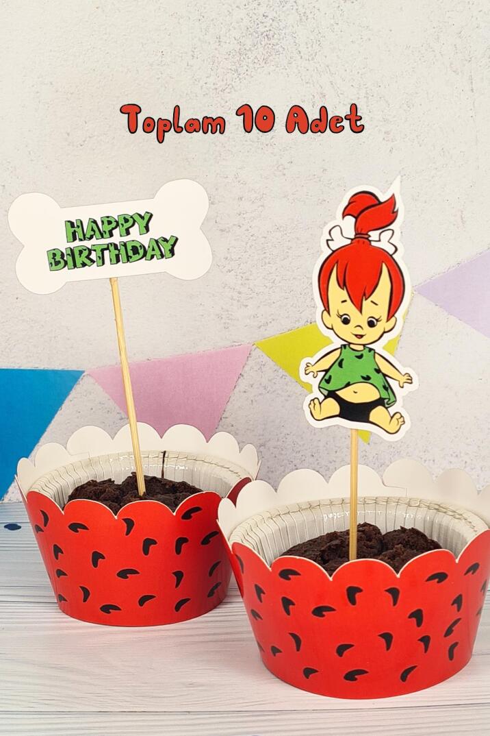 Çakıl Taş Devri Konsept Kürdan Süsleri Cupcake Süsleri Lüks Büyük Boy 10lu Paket - 2