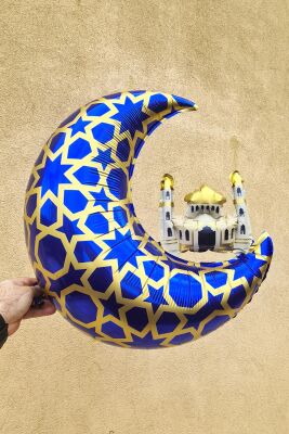 Cami Figürlü Ay Balon Mavi - Ramazan Süsleri Ay Şekilli Camili Folyo Balon - 1