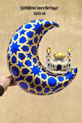 Cami Figürlü Ay Balon Mavi - Ramazan Süsleri Ay Şekilli Camili Folyo Balon - 2