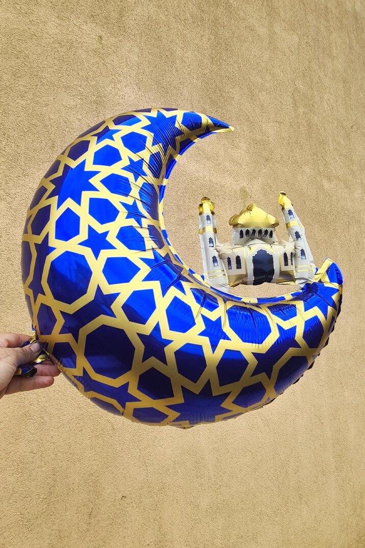 Cami Figürlü Ay Balon Mavi - Ramazan Süsleri Ay Şekilli Camili Folyo Balon - 3