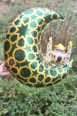Cami Figürlü Ay Balon Yeşil - Ramazan Süsleri Ay Şekilli Camili Folyo Balon - 2